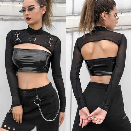 Edgy Gothic Crop Top with Chain and Lace Accents