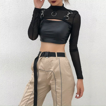 Edgy Gothic Crop Top with Chain and Lace Accents