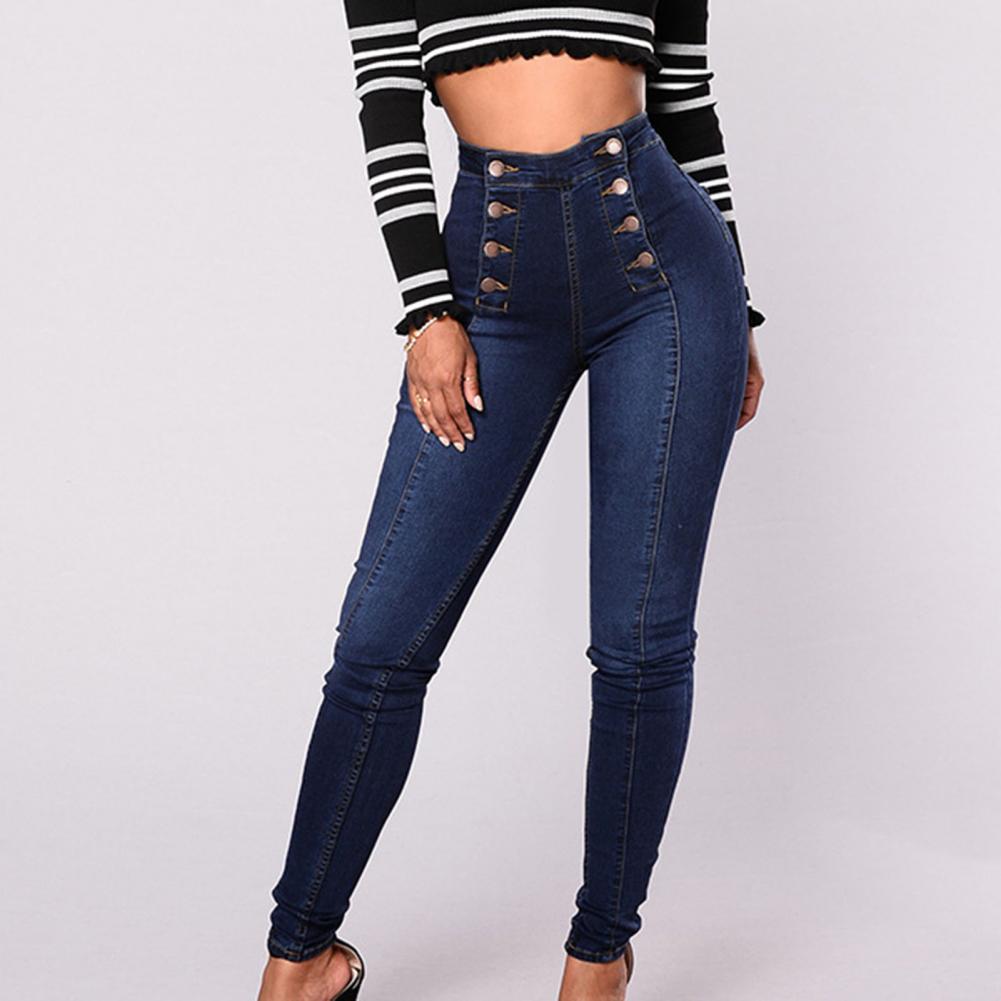 double-breasted High Waist Pencil Denim Tight Trousers Pants