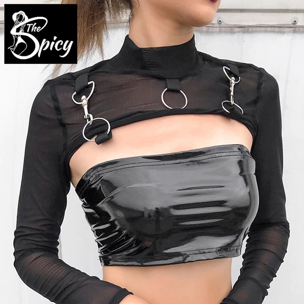 Edgy Gothic Crop Top with Chain and Lace Accents - Tress's Beauty