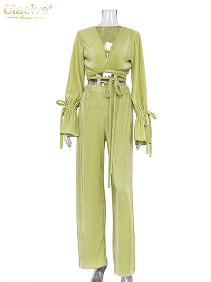 Elegant Green Bandage Blouse & Pant Set - Women's Casual Suit - Tress's Beauty