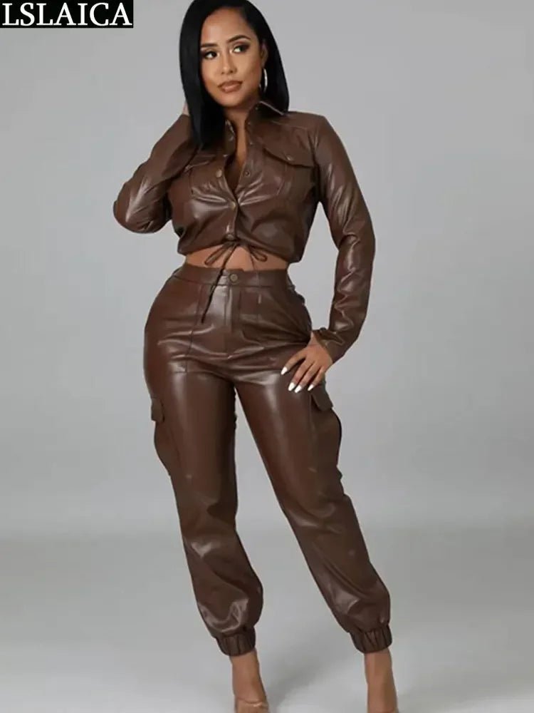 Elegant Women's Leather Pantsuit - Slim Fit 2-Piece Set for Autumn/Winter - Fashionable Outfit for Women - Solid Color - Tress's Beauty
