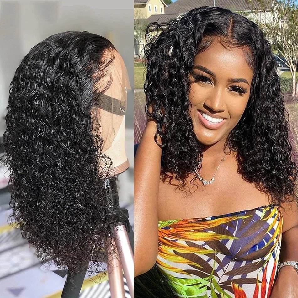 Stylish Front Lace Curly Wig - Black Medium Length with Fluffy Curls