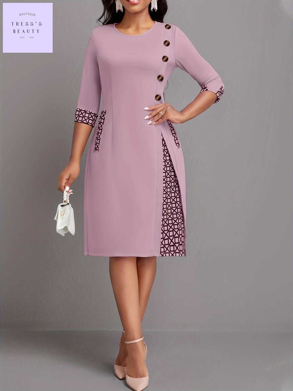 Geometric Plaid Dress - Elegant Half Sleeve, Button Decor, Mid Elasticity - Women's Clothing - Tress's Beauty