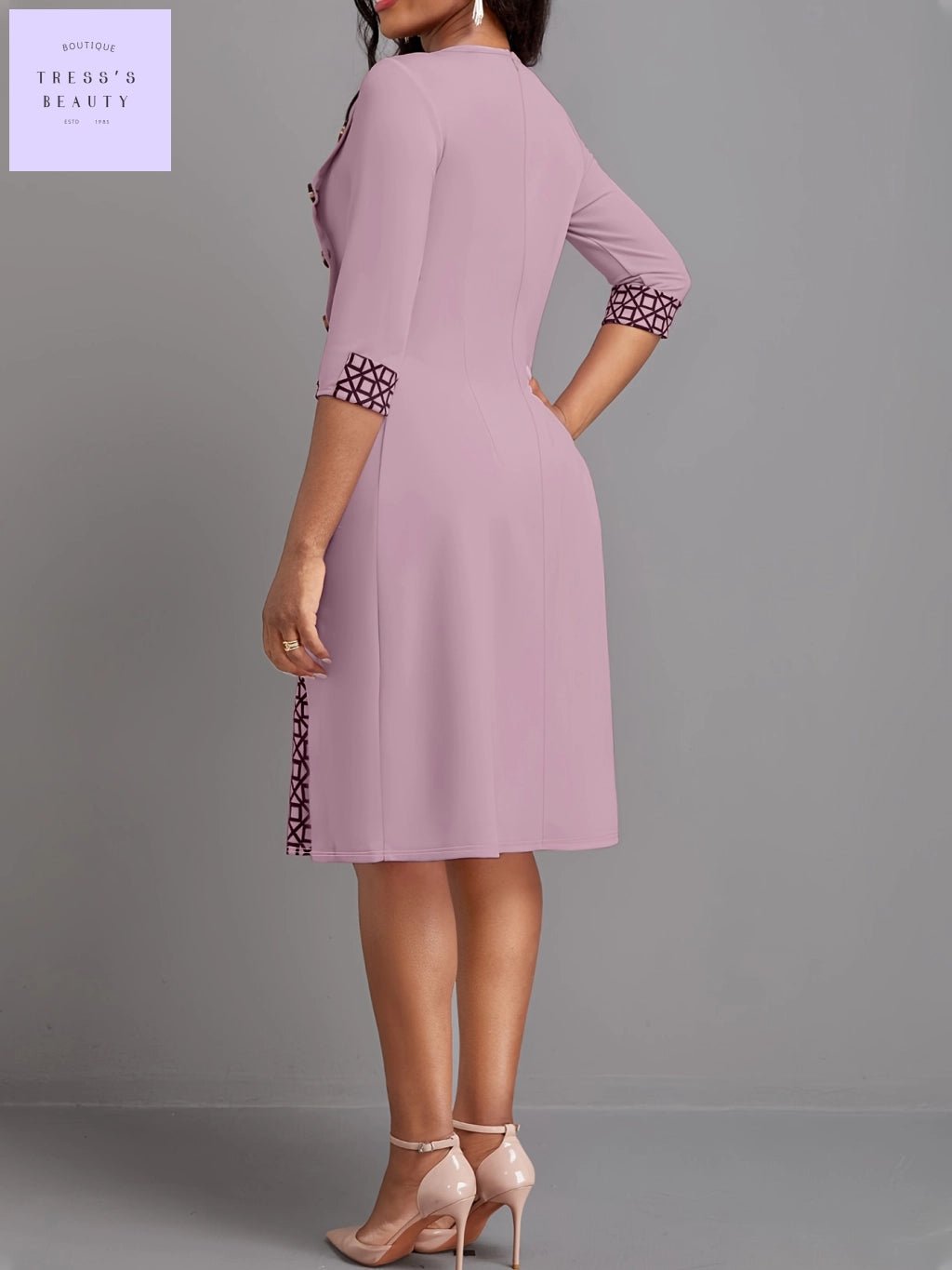 Geometric Plaid Dress - Elegant Half Sleeve, Button Decor, Mid Elasticity - Women's Clothing - Tress's Beauty