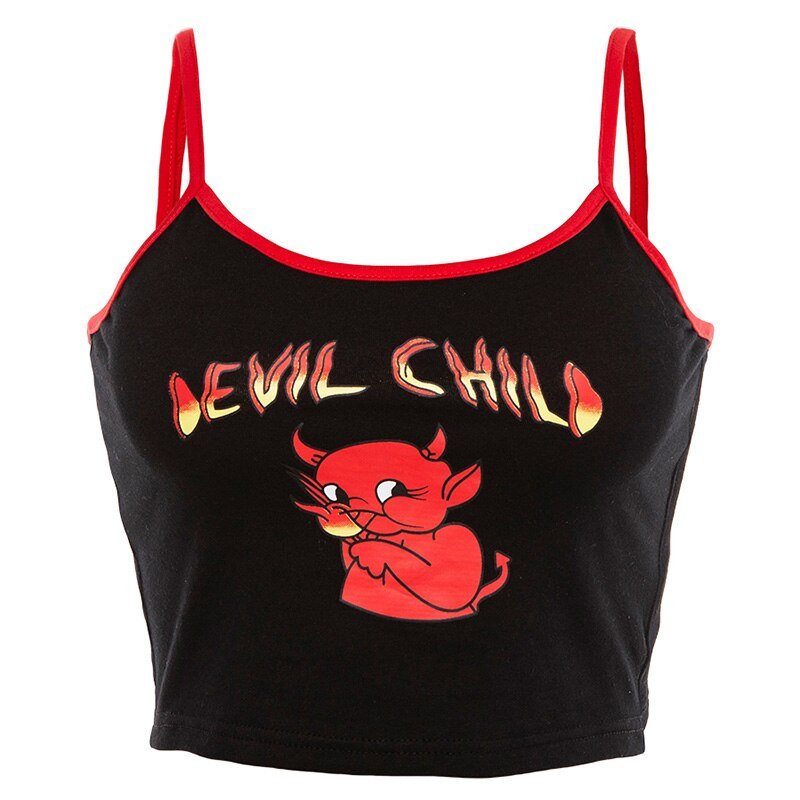 Halloween Devil Print Crop Vest Top Casual Summer Women Ladies Clubwear Camisole Tank Sun-Tops