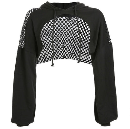Long Sleeve Mesh Hooded Black Pullover Crop Tops Sweatshirt - Tress's Beauty