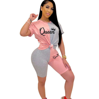 New Summer Fashion Women Stitching Queen Print Tracksuit 2 Piece Set Woman Sports Suit Summer Outfit - Tress's Beauty