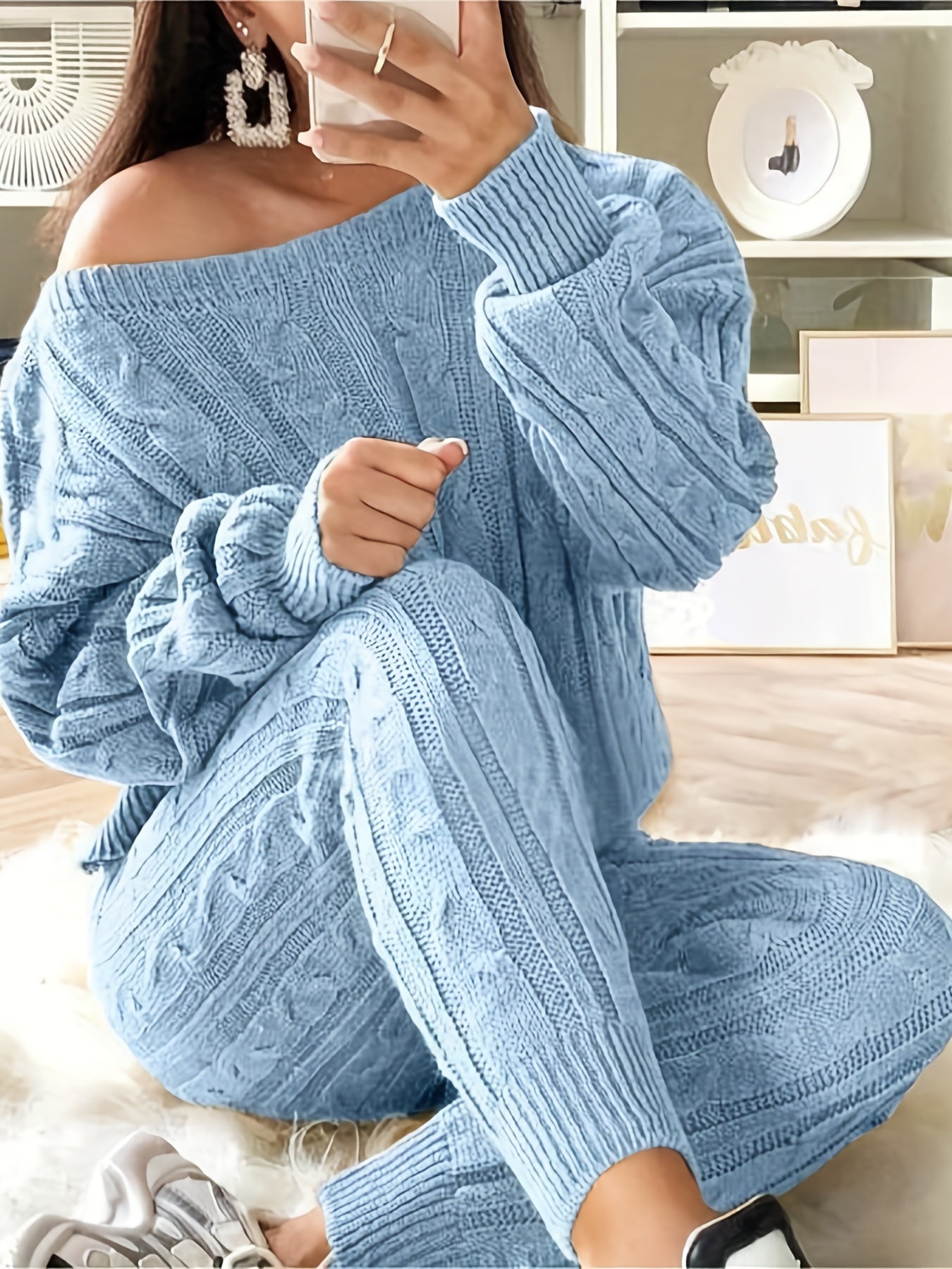Plus Size Casual Sweater Set - Solid Long Sleeve One Shoulder Knit Jumper & Pants - High Stretch Fabric - Tress's Beauty