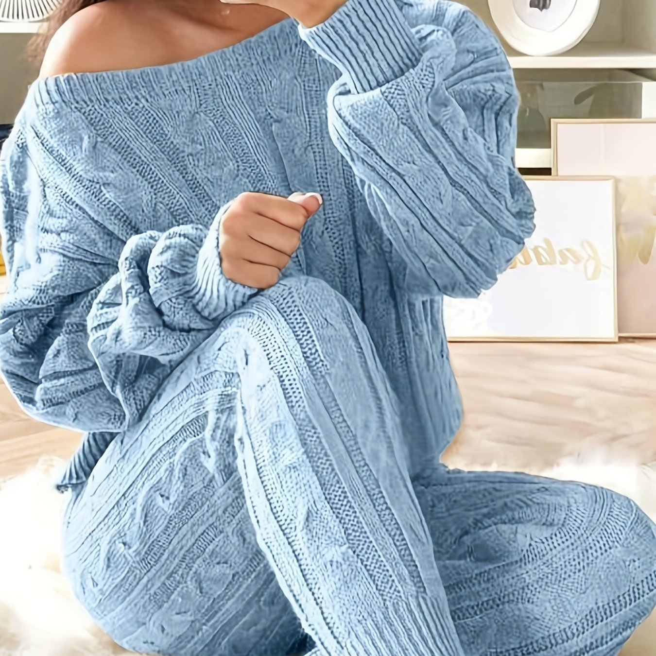 Plus Size Casual Sweater Set - Solid Long Sleeve One Shoulder Knit Jumper & Pants - High Stretch Fabric - Tress's Beauty