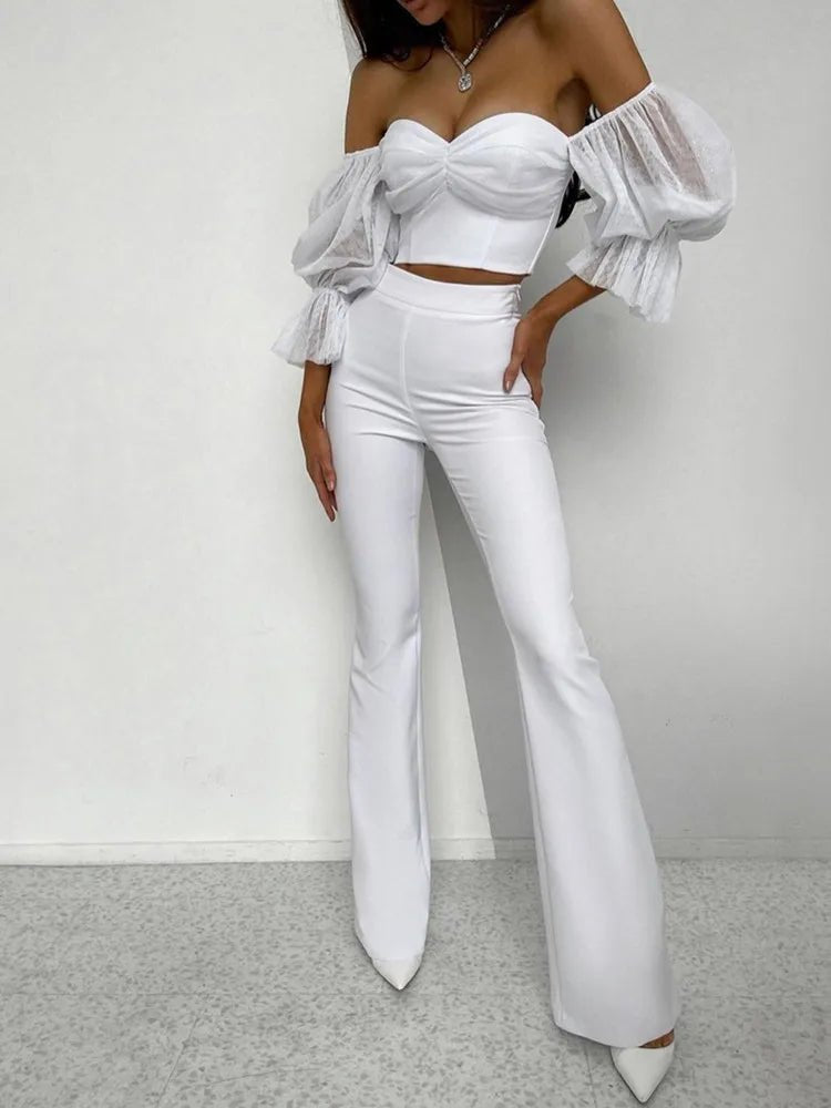 Royan Bandage Celebrity Set - High Quality White Short Puff Sleeve Top Pants - Tress's Beauty
