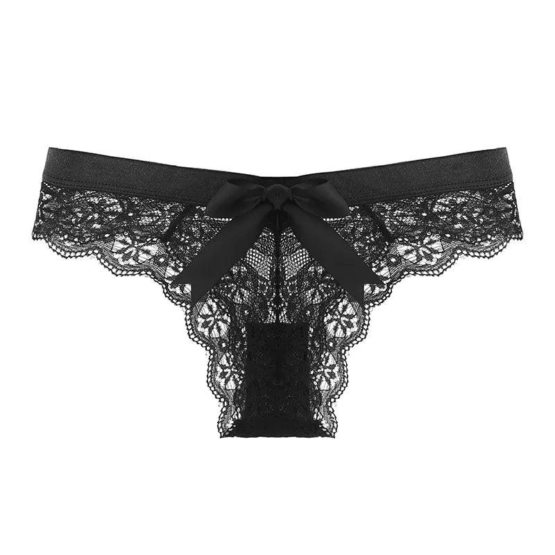 Sexy Lace G-String Underwear for Women - Low Waist, Bow Detail, Transparent - Tress's Beauty