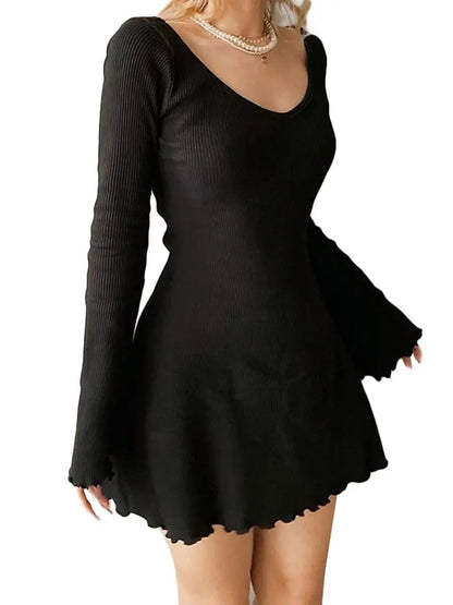 Solid Color Ribbed Long Sleeve V-Neck Slim Fit Mini A-Line Dress - Tress's Beauty