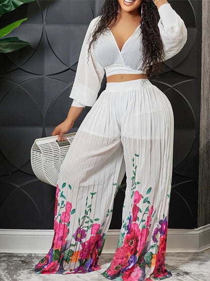 Summer Floral 2-Piece Set: V-Neck Crop Top & Wide Leg Pants - Perfect for Vacation - Tress's Beauty