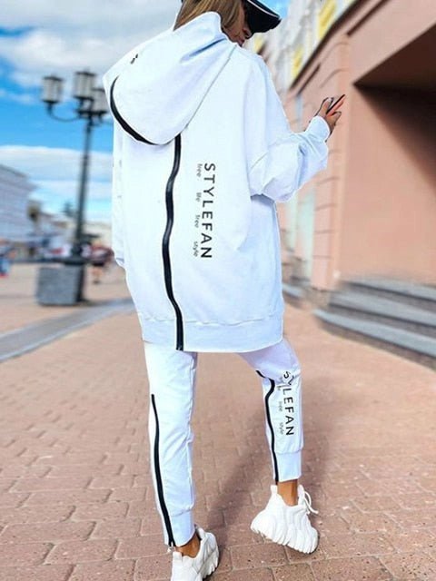 Sweater and Trousers Suit with Zipper and Letter Print - 2-Piece Set - Tress's Beauty