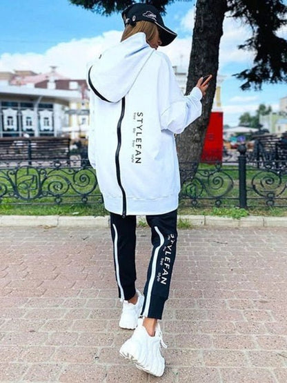 Sweater and Trousers Suit with Zipper and Letter Print - 2-Piece Set - Tress's Beauty