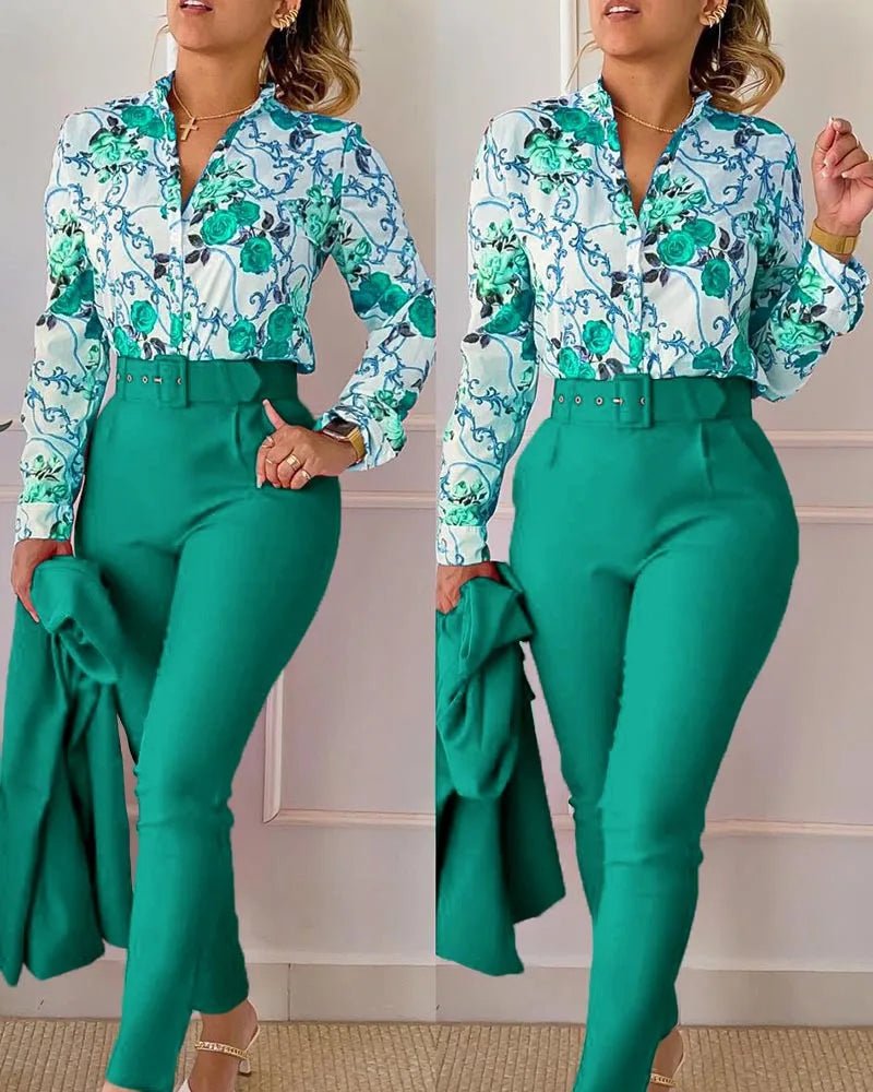 Two Piece Sets Autumn Stand-Up Collar Long-Sleeved Shirt Top with Belt - Tress's Beauty