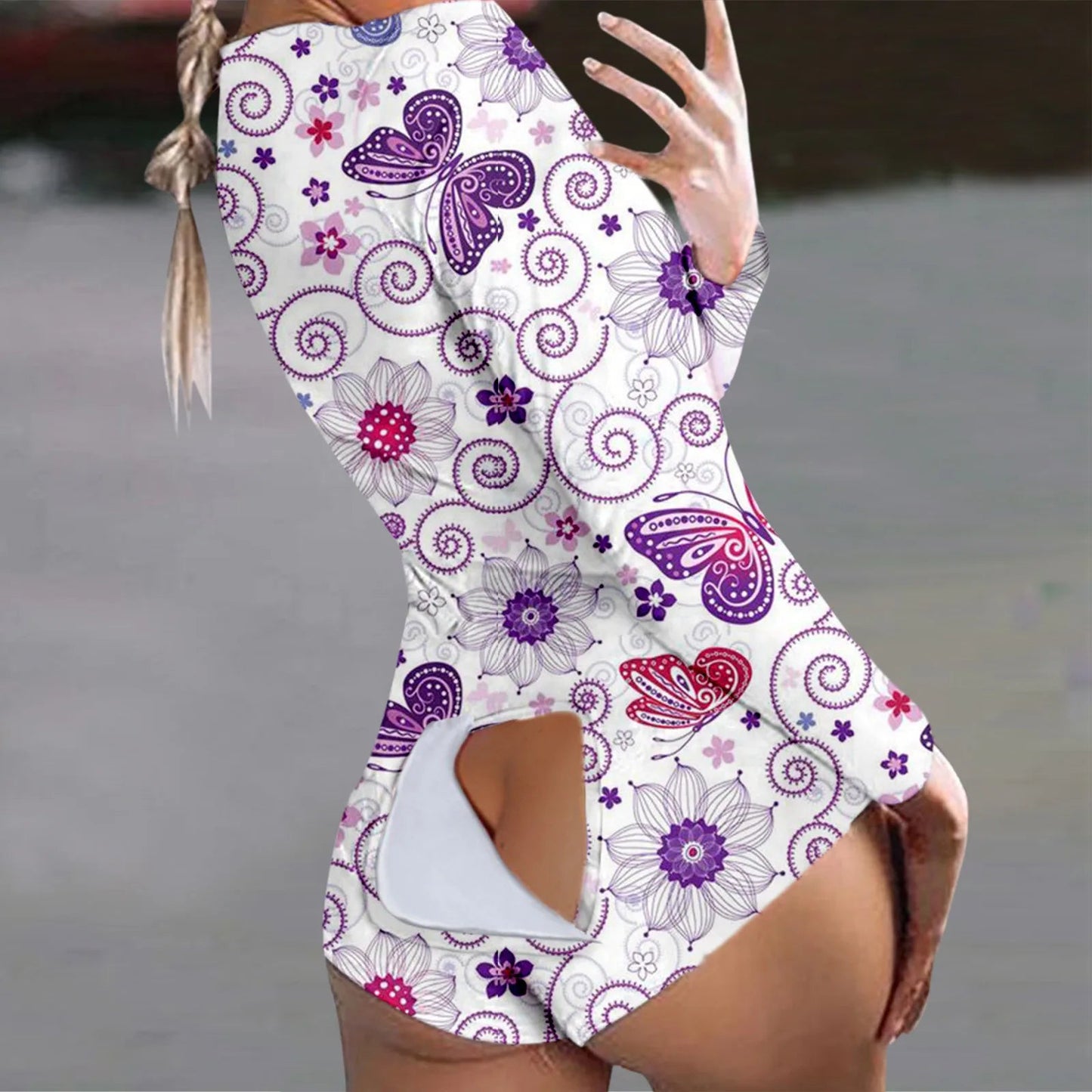 Women's Butterfly Print Pajama Onesie - Long Sleeve Nightwear Jumpsuit - Tress's Beauty