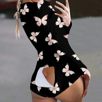 Women's Butterfly Print Pajama Onesie - Long Sleeve Nightwear Jumpsuit - Tress's Beauty