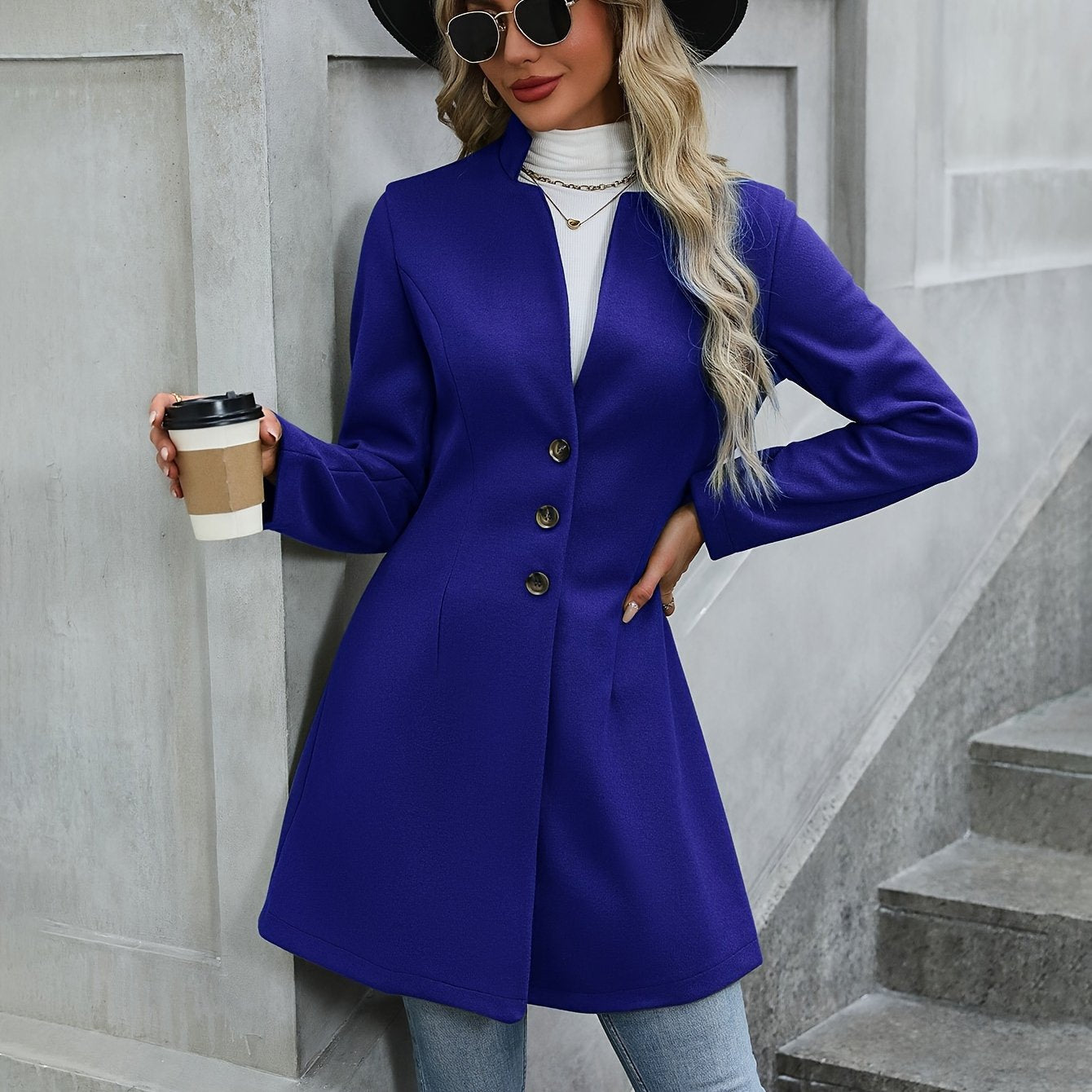 Women's Elegant Winter Tunic Overcoat - Button Front, Long Sleeve, Solid Color - Tress's Beauty