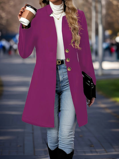 Women's Elegant Winter Tunic Overcoat - Button Front, Long Sleeve, Solid Color - Tress's Beauty