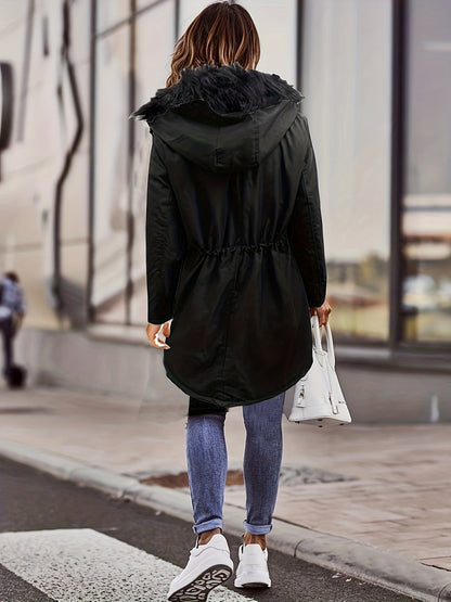 Women's Faux Fur Parka Coat - Drawstring, Zip/Button Front, Thermal Overcoat - Tress's Beauty