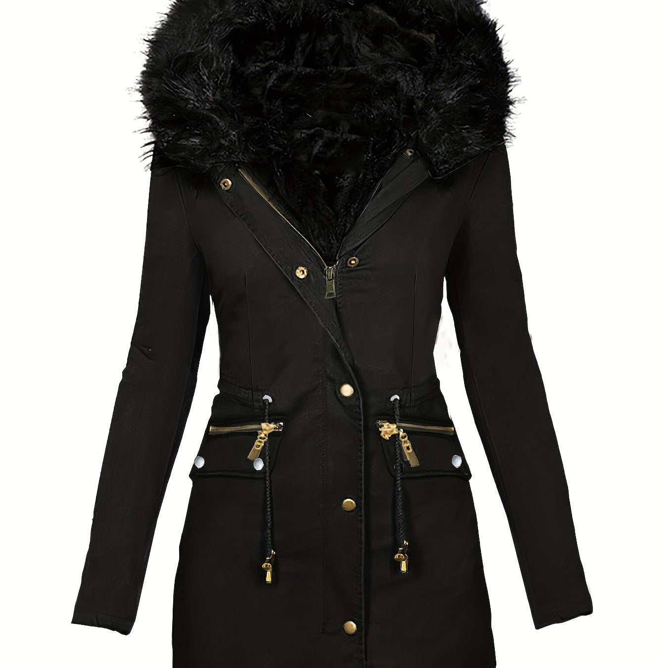 Women's Faux Fur Parka Coat - Drawstring, Zip/Button Front, Thermal Overcoat - Tress's Beauty