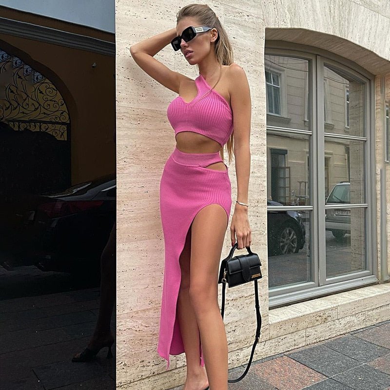 wsevypo Chic Women Skirts Suits Solid Color Two-piece Sets One-shoulder Bra Crop Tops and High Waist Cut Out Slit Skirt Clubwear - Tress's Beauty